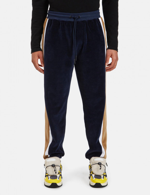 MEN'S BLACK REGULAR FIT JOGGING PANTS IN COTTON CHENILLE WITH CONTRASTING BEIGE AND WHITE STRIPES